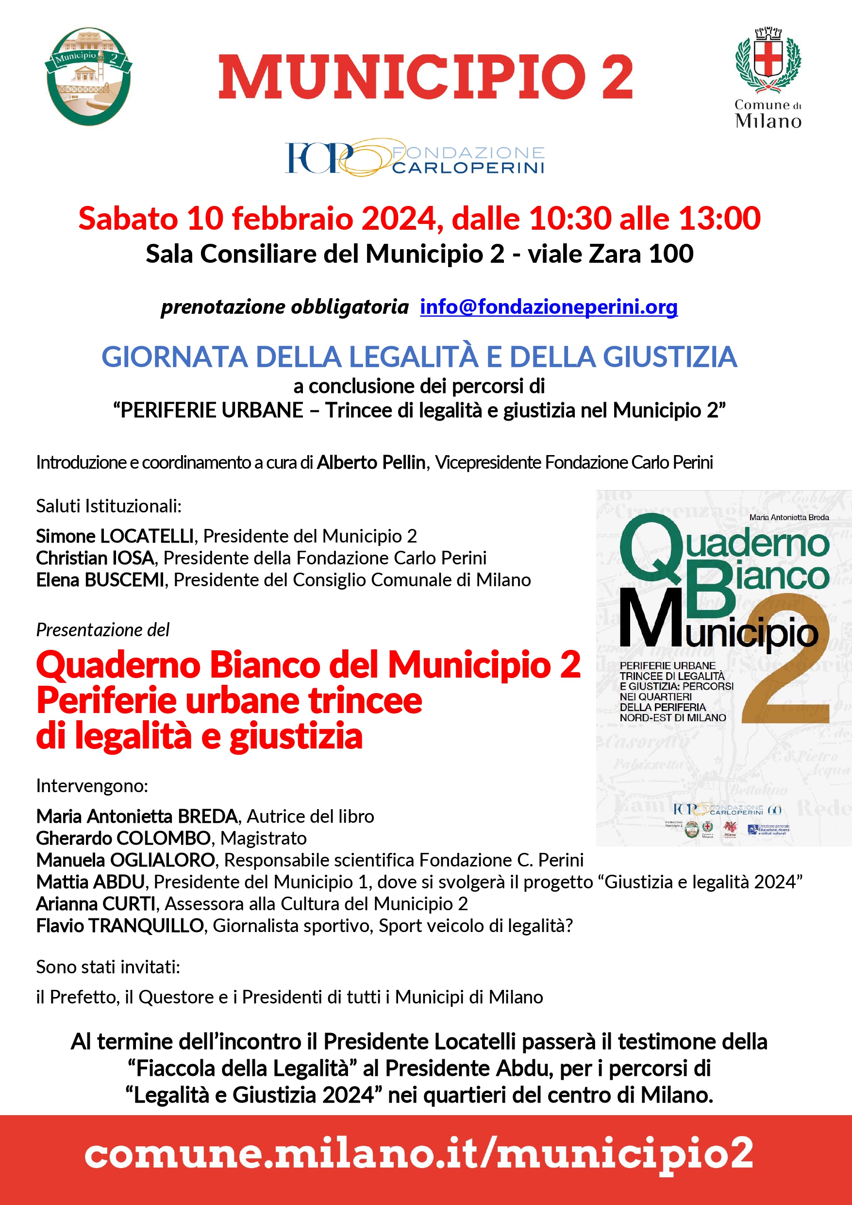 Locandina che pubblicizza la presentazione del Quaderno Bianco del Municipio 2 di Milano